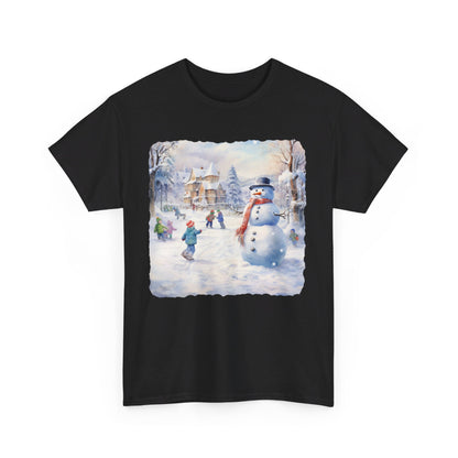 Snowman In Village - T-Shirt