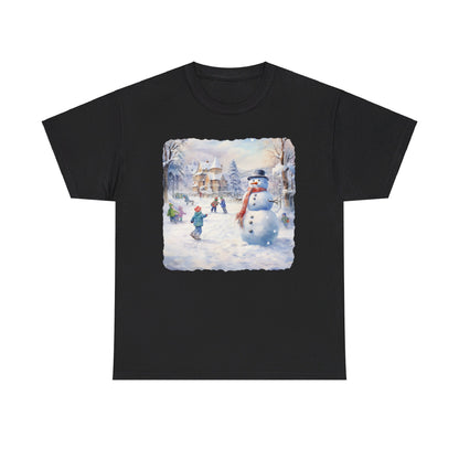 Snowman In Village - T-Shirt